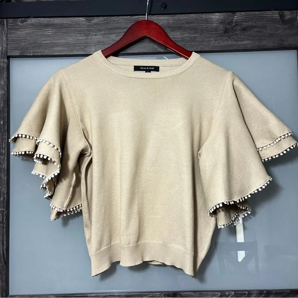 Strut & Bolt Tan Dramatic Statement Ruffle Sleeve Top Women's L Mob Wife - Picture 4 of 13